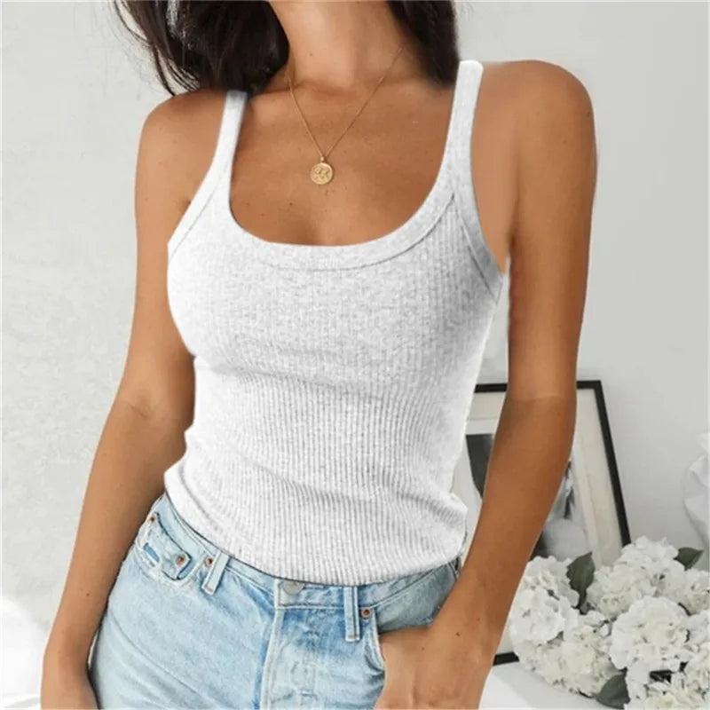 O Neck Summer Knit Crop Top Sleeveless Women Basic Camisole T Shirt Spaghetti Vest Ribbed Female Tank Top Casual