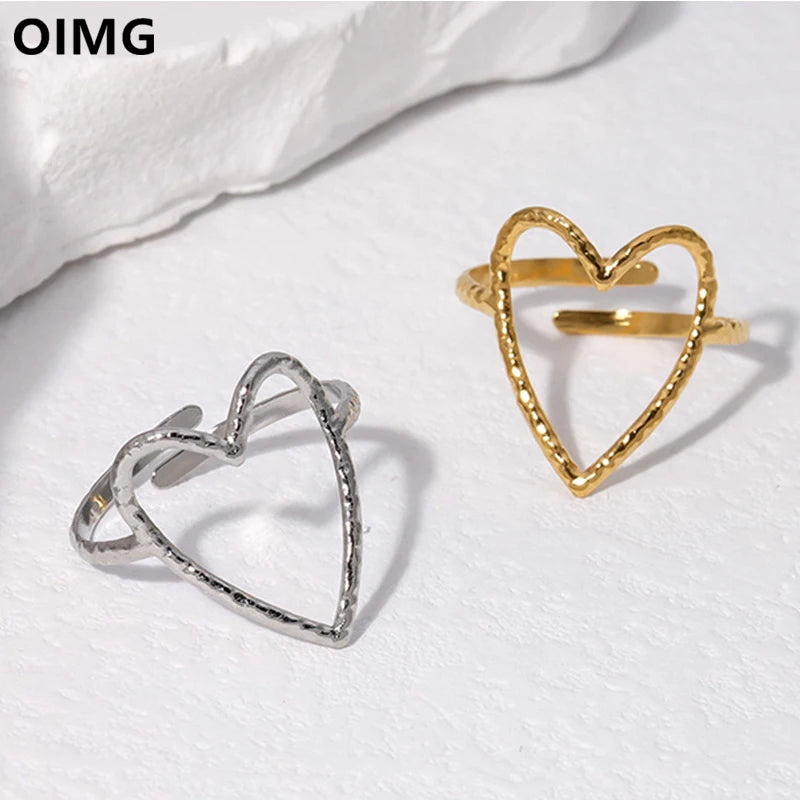 OIMG 316L Stainless Steel Gold Silver Color Simple Punk Big Hollow Heart Geometric Adjustable Open Ring For Women Men Couple