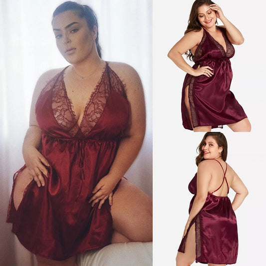 Plus Size Ladies Lace Sexy Sling Nightdress Women's Sexy Lingerie Satin Sleepwear Night Dress V-neck Nightgown V-neck Nightwear