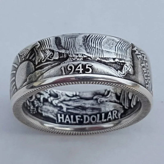 Punk Retro Style Rings for Men Personality Metal Finger Rings Make Old Silver Color Imitation of 1945 Half Dollar Design Ring