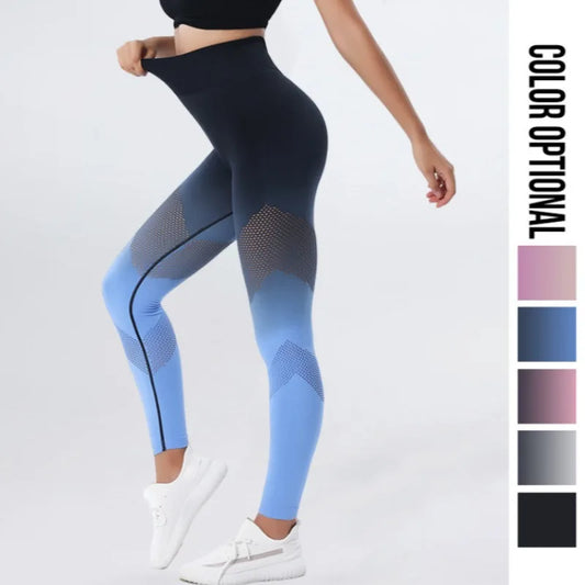 Quick drying hollow gradient color lifting buttocks long yoga pants for women seamless high waist yoga fitness pants leggings