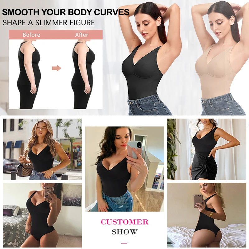 Shapewear Bodysuit Thong Body Shaper for Women Waist Trainer Corset Deep V Neck Slimming Underwear Built-in Bra Camisoles Tops