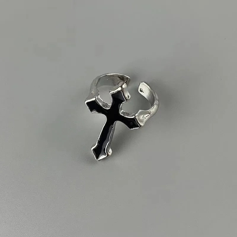 Hip Hop Punk Black Cross Open Rings For Women Trendy Party Jewelry Vintage Gothic Metal Jesus Cross Men's Finger Ring Male Gift