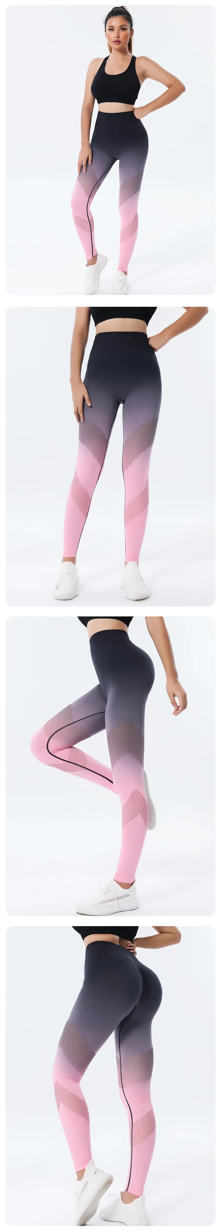 Quick drying hollow gradient color lifting buttocks long yoga pants for women seamless high waist yoga fitness pants leggings