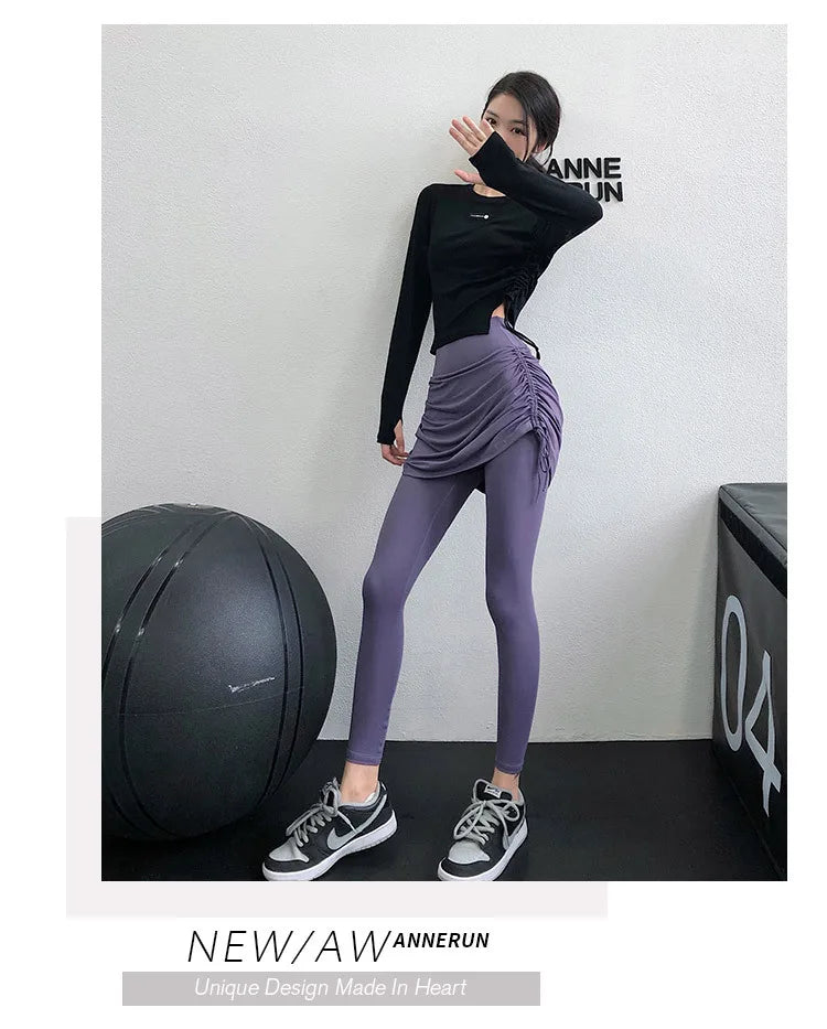 Women's High Waist Yoga Pants Fake Two Piece Sports Skirt And Pants Elastic Hip Lifting Slim Fit Gym Sports Leggings Yoga Wear