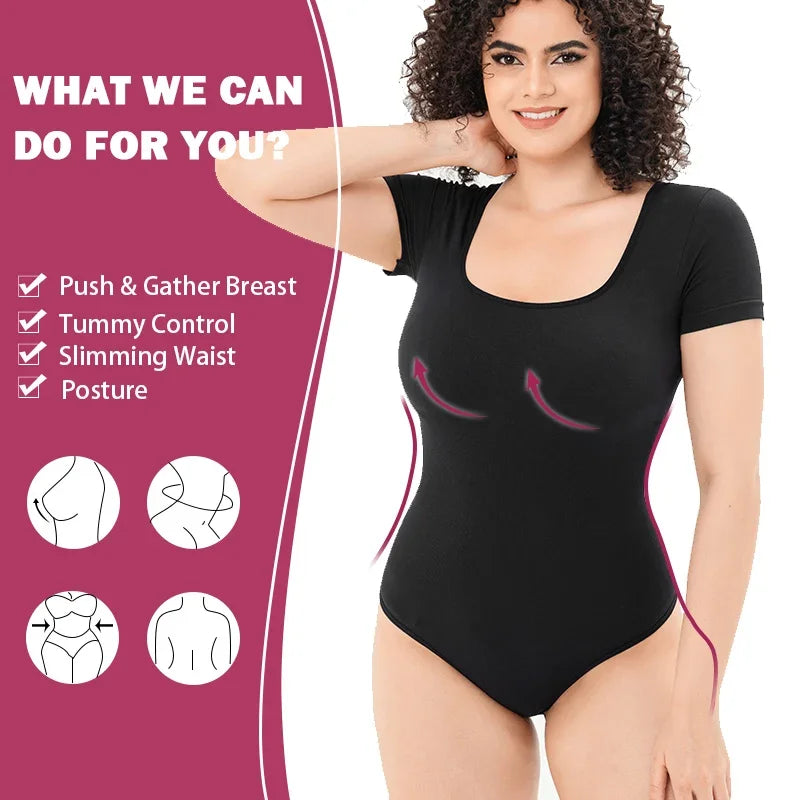 Sexy Short Sleeve Ribbed Square Neck Thong Bodysuits Women Summer Seamless Shaperwear Tummy Control Body Shapers Belly Sculpting