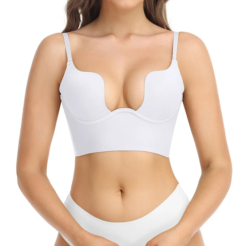 Womens Low Back Bra Wire Lifting Deep U Shaped Plunge Backless Bra with Multiway Convertible Clear Straps Body Shaper Lingeres