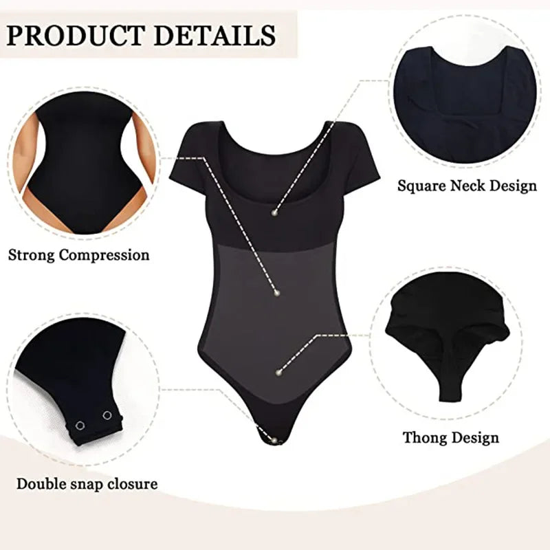 Sexy Short Sleeve Ribbed Square Neck Thong Bodysuits Women Summer Seamless Shaperwear Tummy Control Body Shapers Belly Sculpting