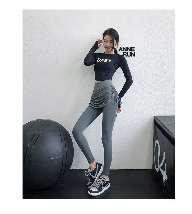 Women's High Waist Yoga Pants Fake Two Piece Sports Skirt And Pants Elastic Hip Lifting Slim Fit Gym Sports Leggings Yoga Wear