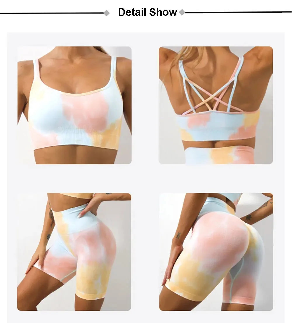 Seamless Gym Two Piece Set Women Tracksuit Tie Dye Sports Bra Crop Top Workout Shorts Yoga Sets Fitness Leggings Athletic Wear