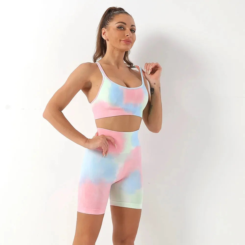 Seamless Gym Two Piece Set Women Tracksuit Tie Dye Sports Bra Crop Top Workout Shorts Yoga Sets Fitness Leggings Athletic Wear