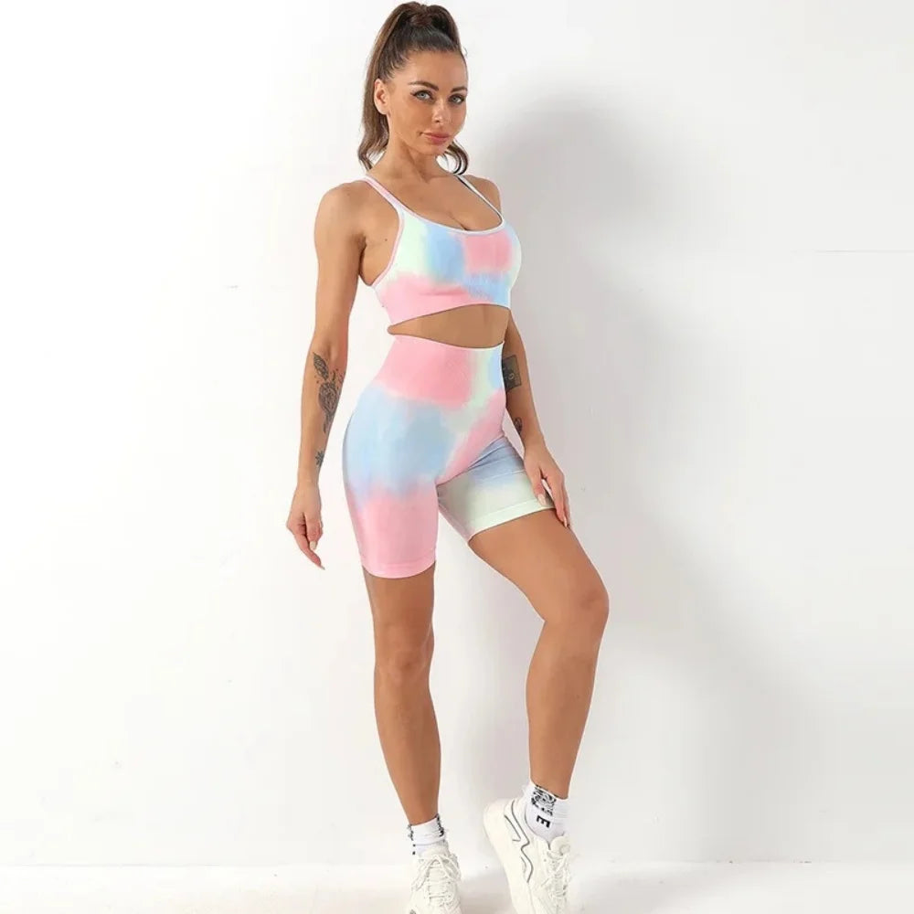 Seamless Gym Two Piece Set Women Tracksuit Tie Dye Sports Bra Crop Top Workout Shorts Yoga Sets Fitness Leggings Athletic Wear