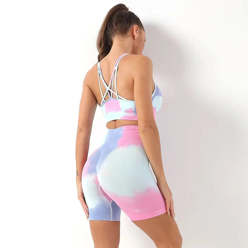 Seamless Gym Two Piece Set Women Tracksuit Tie Dye Sports Bra Crop Top Workout Shorts Yoga Sets Fitness Leggings Athletic Wear