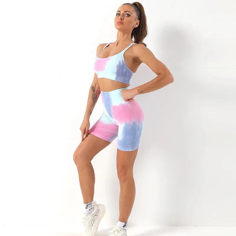 Seamless Gym Two Piece Set Women Tracksuit Tie Dye Sports Bra Crop Top Workout Shorts Yoga Sets Fitness Leggings Athletic Wear