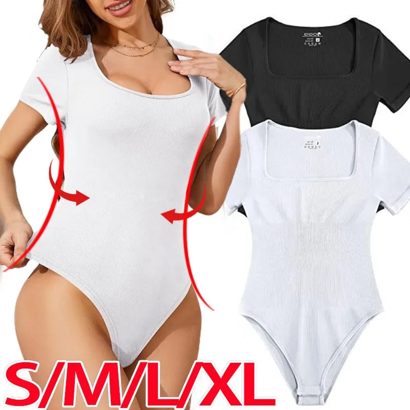 Sexy Short Sleeve Ribbed Square Neck Thong Bodysuits Women Summer Seamless Shaperwear Tummy Control Body Shapers Belly Sculpting