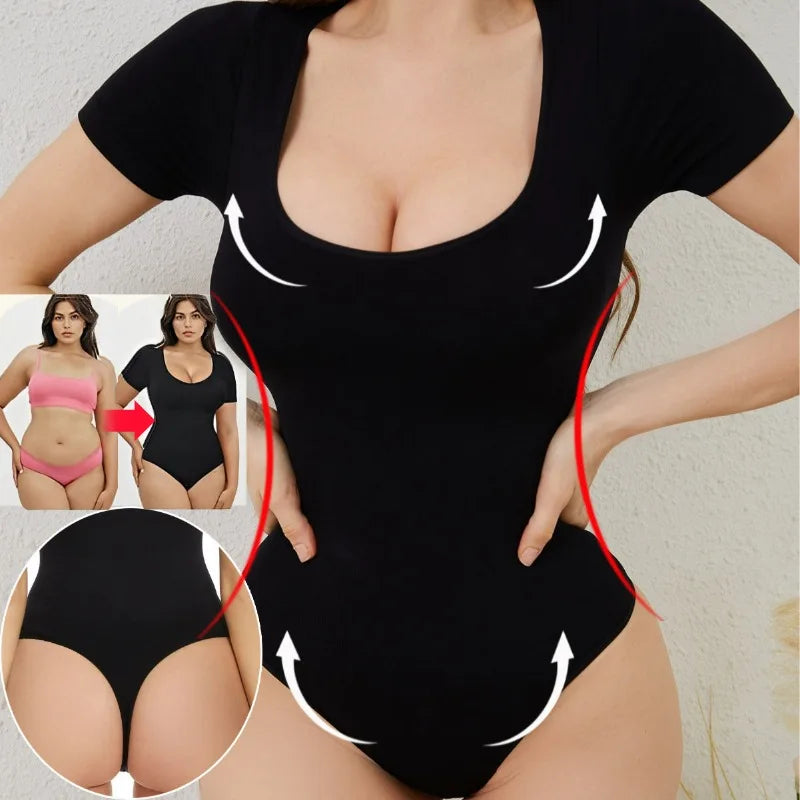 Sexy Short Sleeve Ribbed Square Neck Thong Bodysuits Women Summer Seamless Shaperwear Tummy Control Body Shapers Belly Sculpting