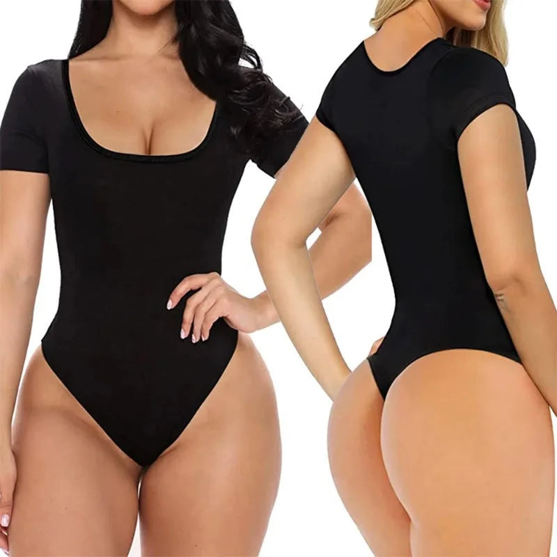 Sexy Short Sleeve Ribbed Square Neck Thong Bodysuits Women Summer Seamless Shaperwear Tummy Control Body Shapers Belly Sculpting