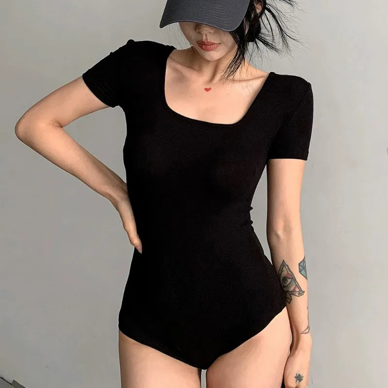 Sexy Short Sleeve Ribbed Square Neck Thong Bodysuits Women Summer Seamless Shaperwear Tummy Control Body Shapers Belly Sculpting