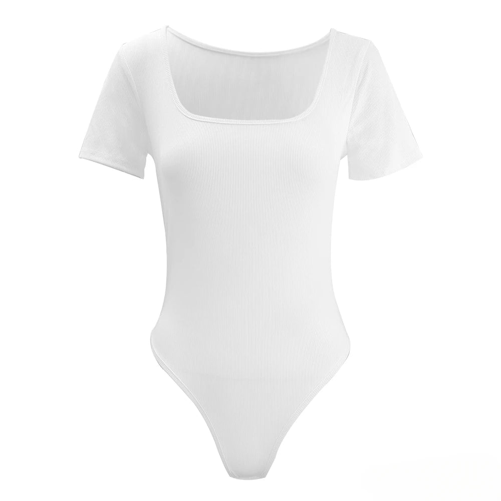 Sexy Short Sleeve Ribbed Square Neck Thong Bodysuits Women Summer Seamless Shaperwear Tummy Control Body Shapers Belly Sculpting