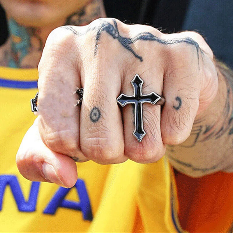 Hip Hop Punk Black Cross Open Rings For Women Trendy Party Jewelry Vintage Gothic Metal Jesus Cross Men's Finger Ring Male Gift