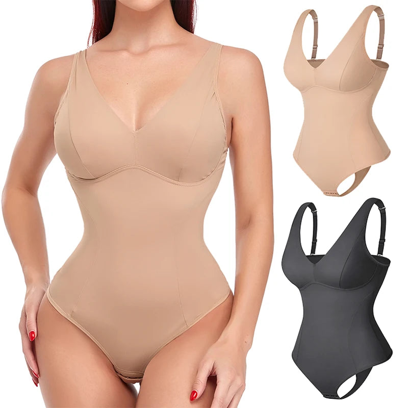 Shapewear Bodysuit Thong Body Shaper for Women Waist Trainer Corset Deep V Neck Slimming Underwear Built-in Bra Camisoles Tops