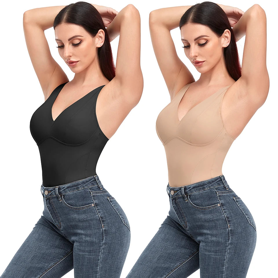 Shapewear Bodysuit Thong Body Shaper for Women Waist Trainer Corset Deep V Neck Slimming Underwear Built-in Bra Camisoles Tops