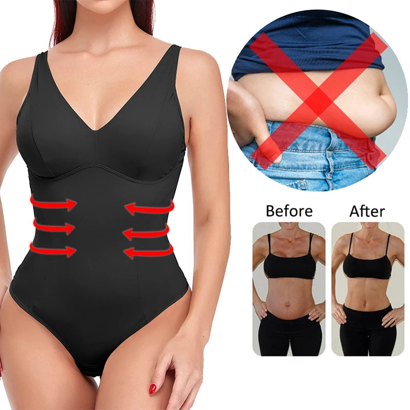 Shapewear Bodysuit Thong Body Shaper for Women Waist Trainer Corset Deep V Neck Slimming Underwear Built-in Bra Camisoles Tops