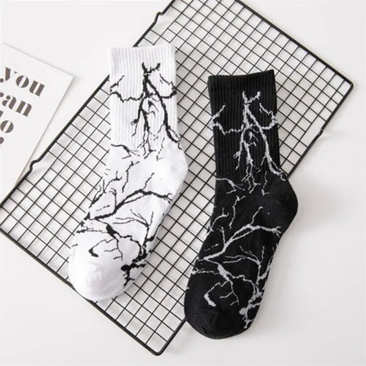 Street Style Men's Cotton Hip Hop Sock Harajuku Skateboard Black White Lightning Patterned Happy Sock