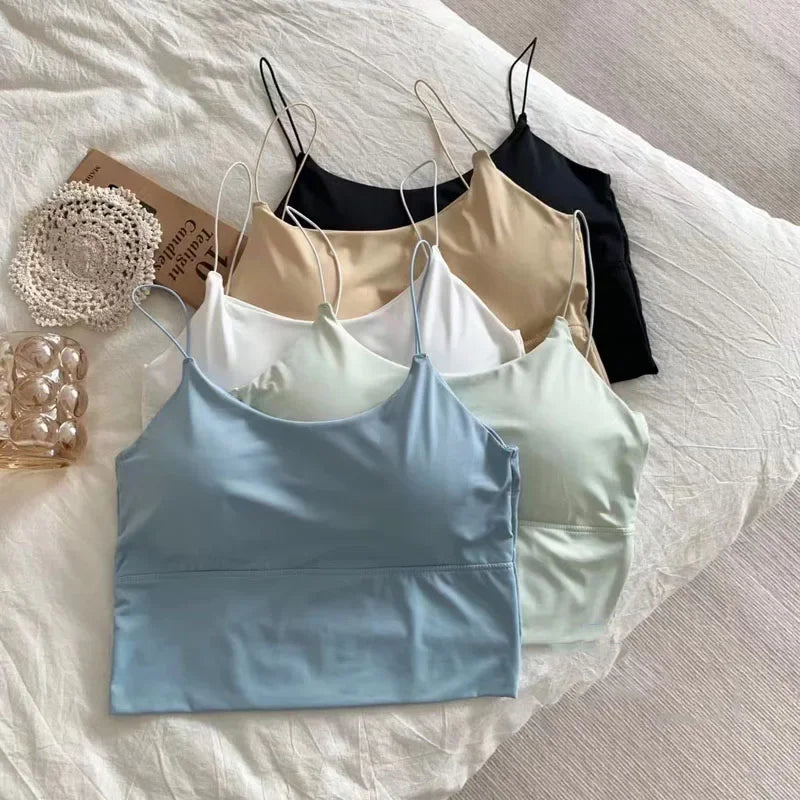 Summer Bra Ice Silk Crop Tops Sports Spaghetti Strap Vest Top Women Sexy Built In Bra Off Shoulder Sleeveless Camisole Underwear