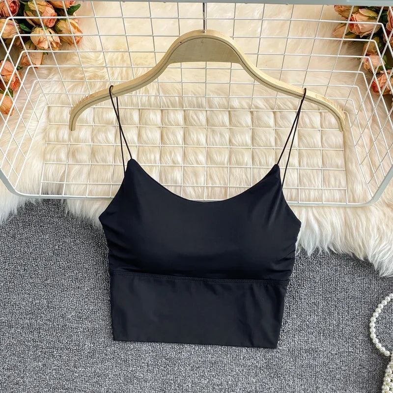 Summer Bra Ice Silk Crop Tops Sports Spaghetti Strap Vest Top Women Sexy Built In Bra Off Shoulder Sleeveless Camisole Underwear