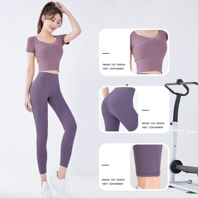 Summer Softness Solid Crop Sports Tee Women Short Sleeve Gym Yoga Top Fitness Running Cropped Tops Active Wear Breathable Tights