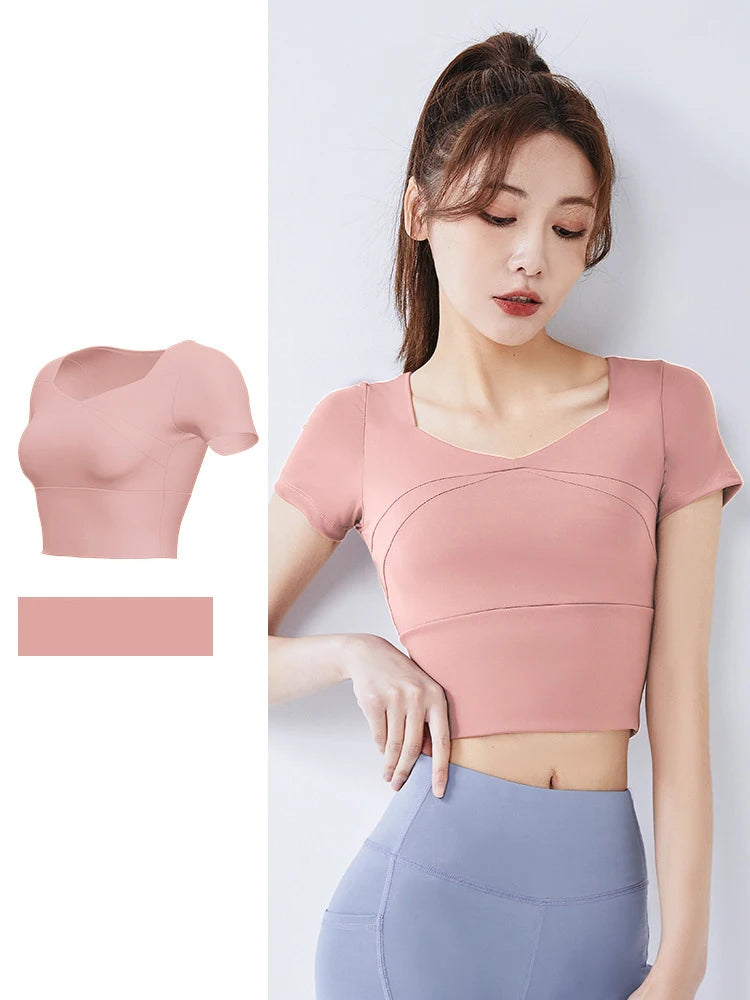 Summer Softness Solid Crop Sports Tee Women Short Sleeve Gym Yoga Top Fitness Running Cropped Tops Active Wear Breathable Tights