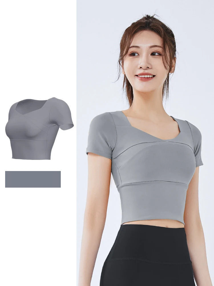 Summer Softness Solid Crop Sports Tee Women Short Sleeve Gym Yoga Top Fitness Running Cropped Tops Active Wear Breathable Tights