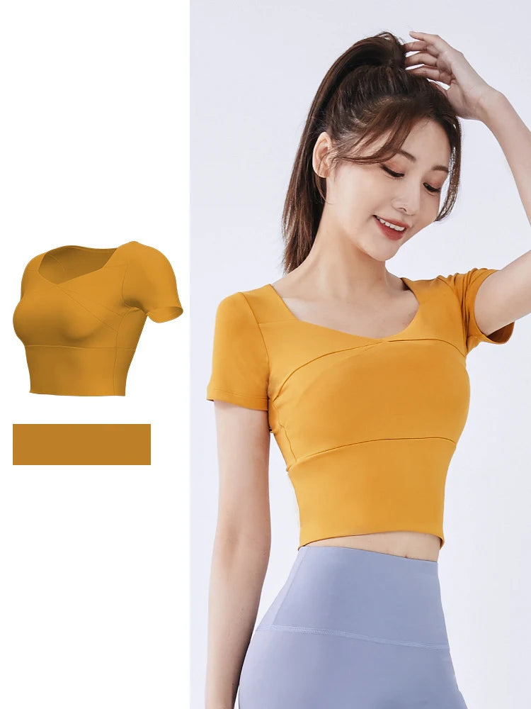 Summer Softness Solid Crop Sports Tee Women Short Sleeve Gym Yoga Top Fitness Running Cropped Tops Active Wear Breathable Tights