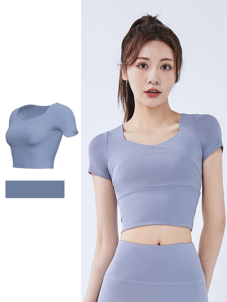 Summer Softness Solid Crop Sports Tee Women Short Sleeve Gym Yoga Top Fitness Running Cropped Tops Active Wear Breathable Tights