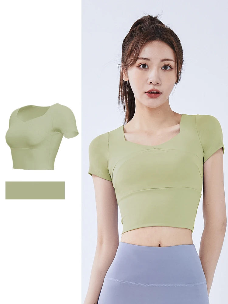 Summer Softness Solid Crop Sports Tee Women Short Sleeve Gym Yoga Top Fitness Running Cropped Tops Active Wear Breathable Tights