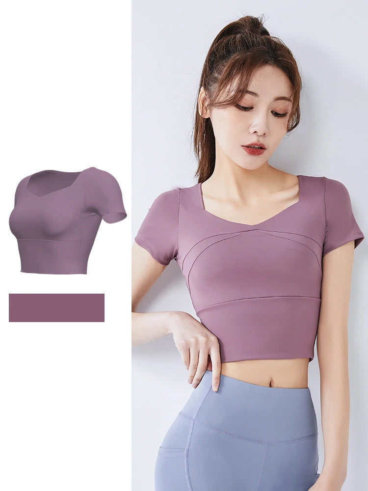 Summer Softness Solid Crop Sports Tee Women Short Sleeve Gym Yoga Top Fitness Running Cropped Tops Active Wear Breathable Tights