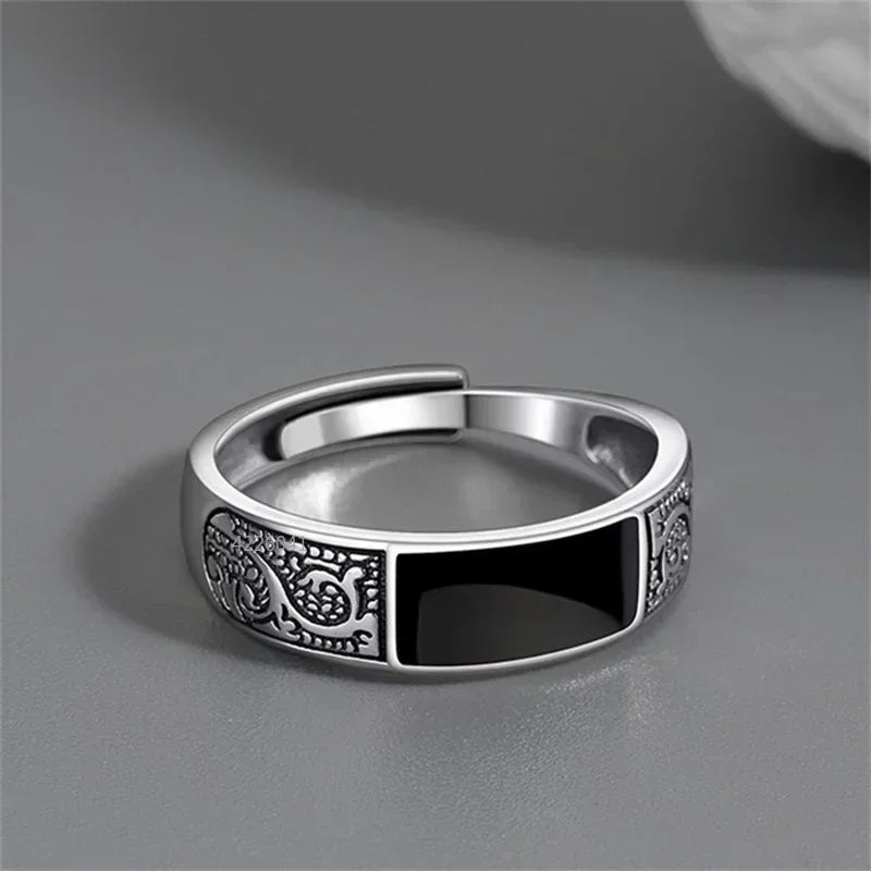 Trendy Fashion Silver Ring for Men Jewelry Black Rectangle Retro Dragon Pattern Ring Male Infex Finger Accessories Open