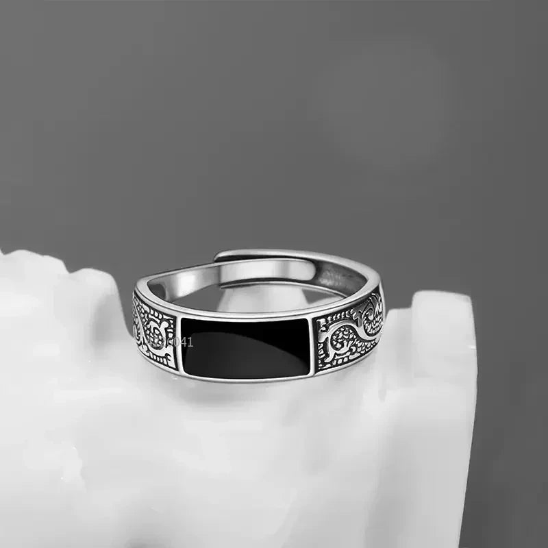 Trendy Fashion Silver Ring for Men Jewelry Black Rectangle Retro Dragon Pattern Ring Male Infex Finger Accessories Open