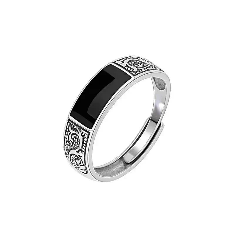 Trendy Fashion Silver Ring for Men Jewelry Black Rectangle Retro Dragon Pattern Ring Male Infex Finger Accessories Open