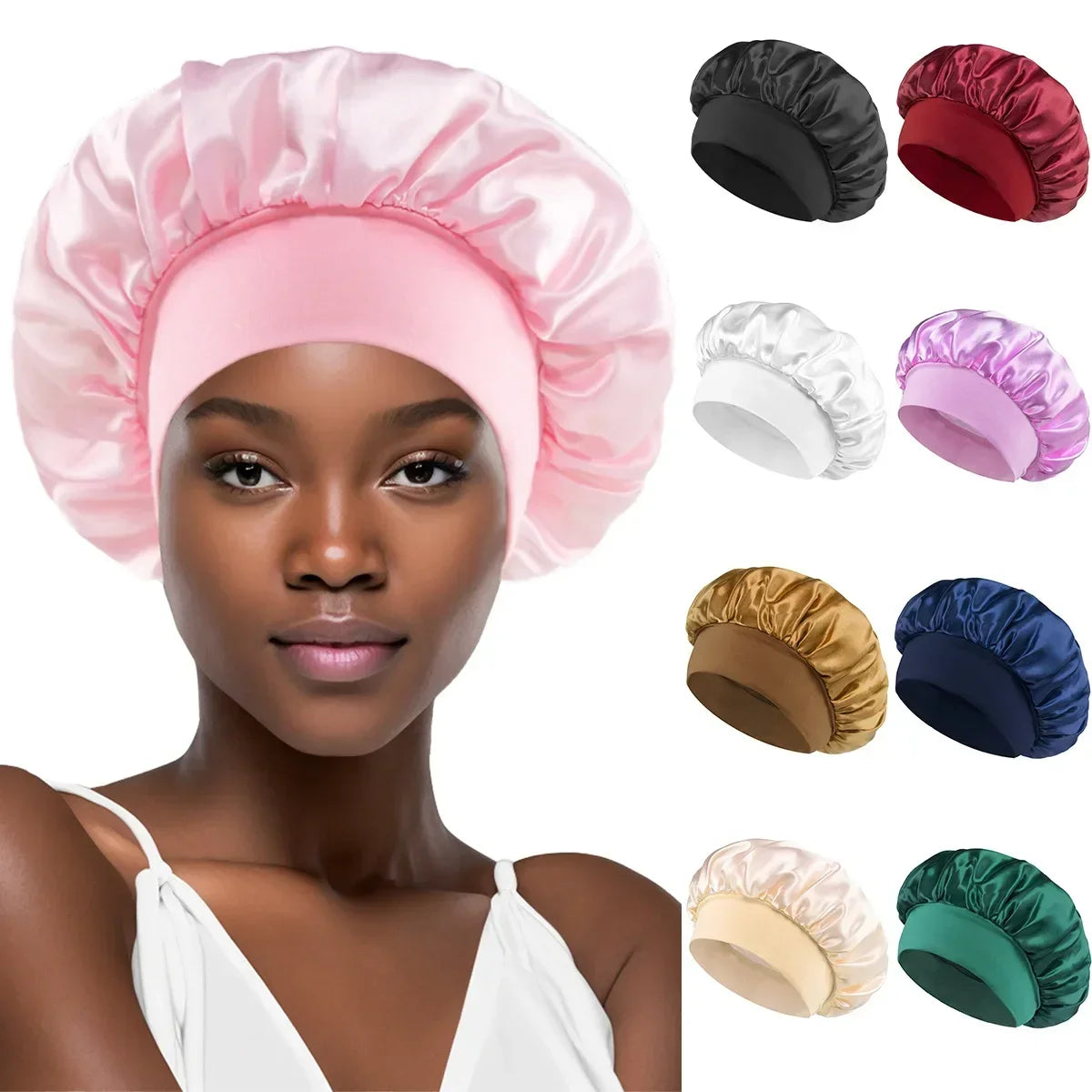 Unisex Head Wrap Elastic Band Cap for Brimmed Night Hat Bath Cap Extra Large Satin Silky Bonnet Sleep with Premium Elastic Band