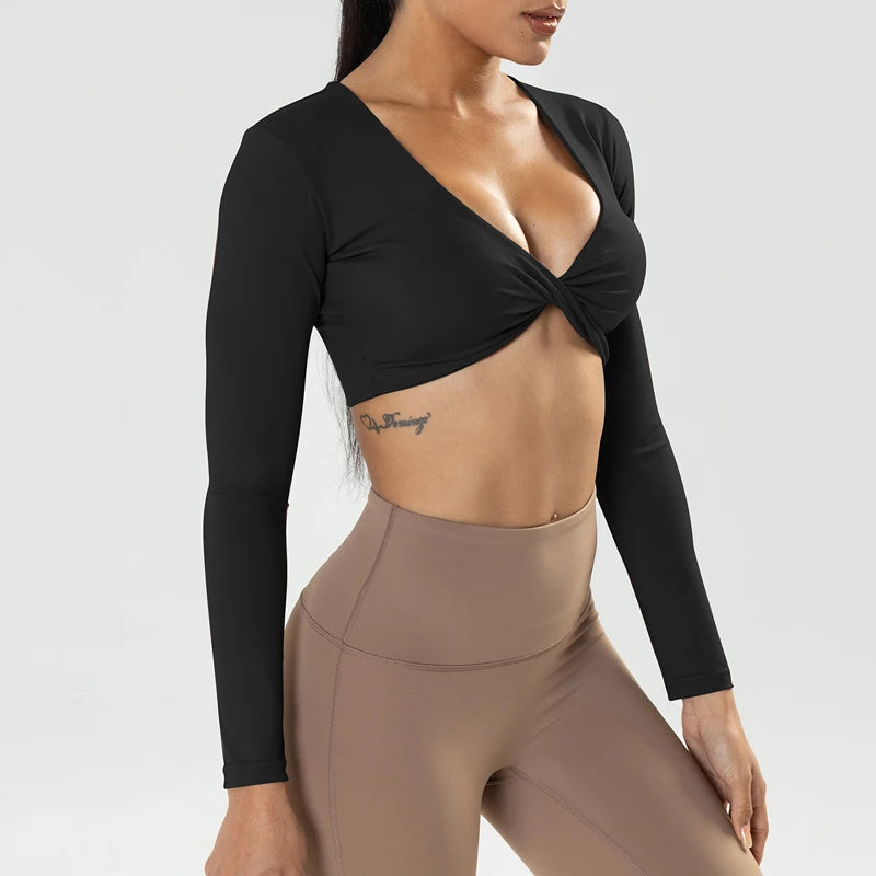 VITALINOVO Long Sleeve Gym Crop Tops for Women Twist Deep V Workout Crop T Shirt Top Quick Dry Padded Sports Fitness Yoga Top