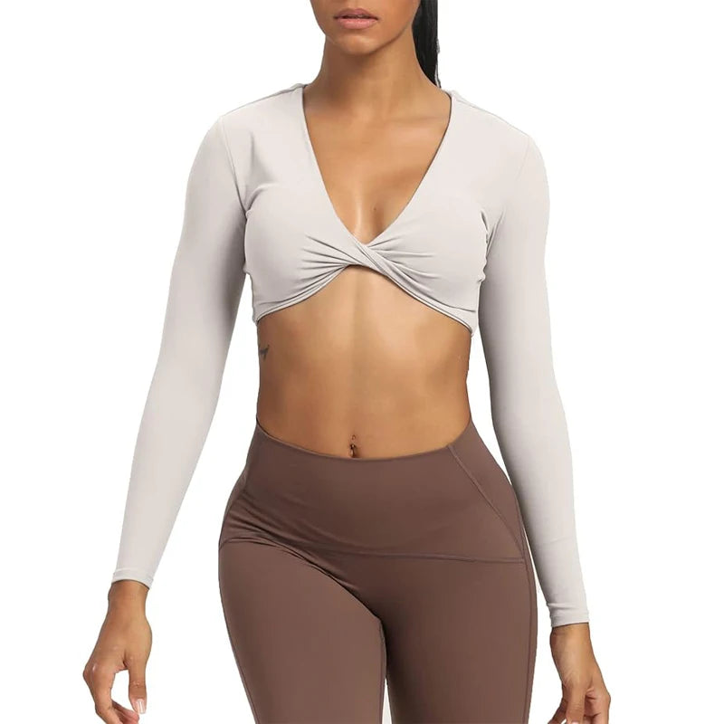 VITALINOVO Long Sleeve Gym Crop Tops for Women Twist Deep V Workout Crop T Shirt Top Quick Dry Padded Sports Fitness Yoga Top