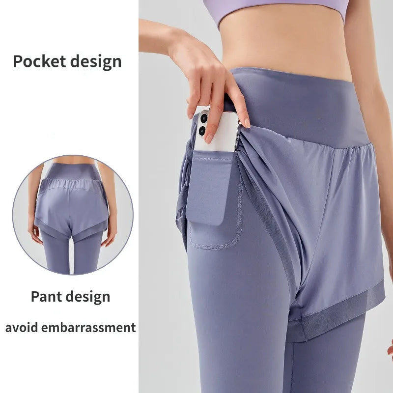 Women Fake Two Pieces Leggings Seamless Leggings with Pocket High Waist Elastic Pants Outdoor Fitness Butt Lift Yoga Tights