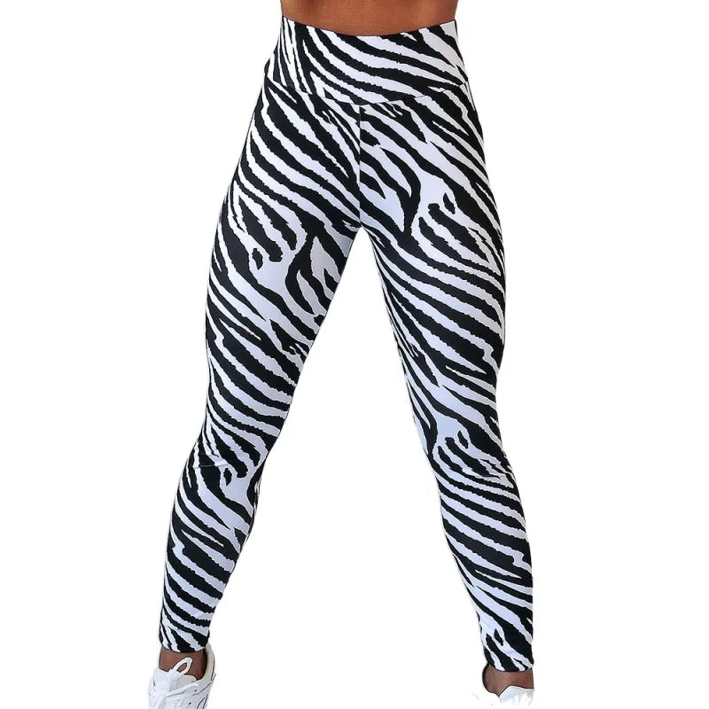 Women Leggings Black White Zebra Printed Sports High Waist Gym Tights Striped Workout Fitness Leggins Elastic Yoga Pants