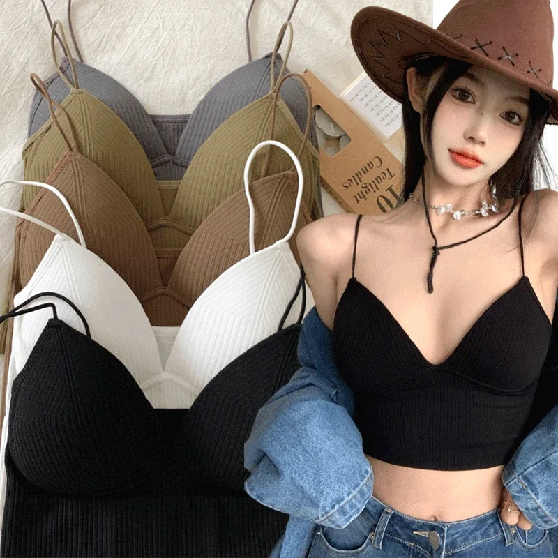 Women Seamless Crop Top Underwear Wire-Free V-Shaped Camisole Thin Straps Striped Solid Bralette Lingerie One-Piece Tube Tops