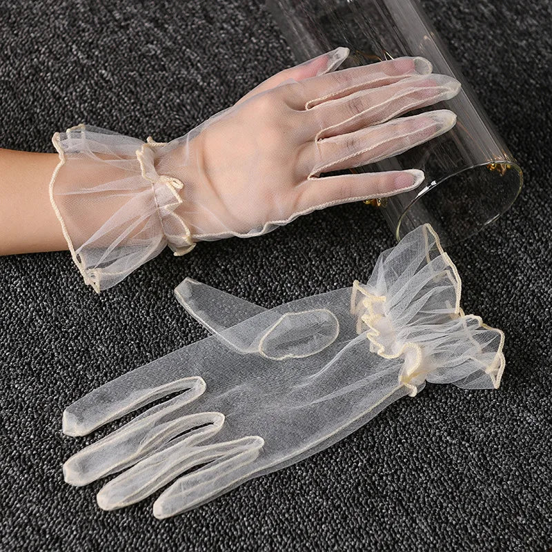 Women Short Tulle Gloves Summer Wedding White Black Elegant Gloves Stretchy Lace Full Finger Mittens Mesh Transparentes Gloves