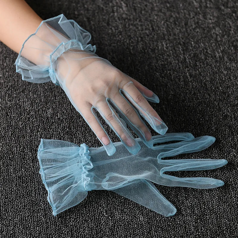 Women Short Tulle Gloves Summer Wedding White Black Elegant Gloves Stretchy Lace Full Finger Mittens Mesh Transparentes Gloves