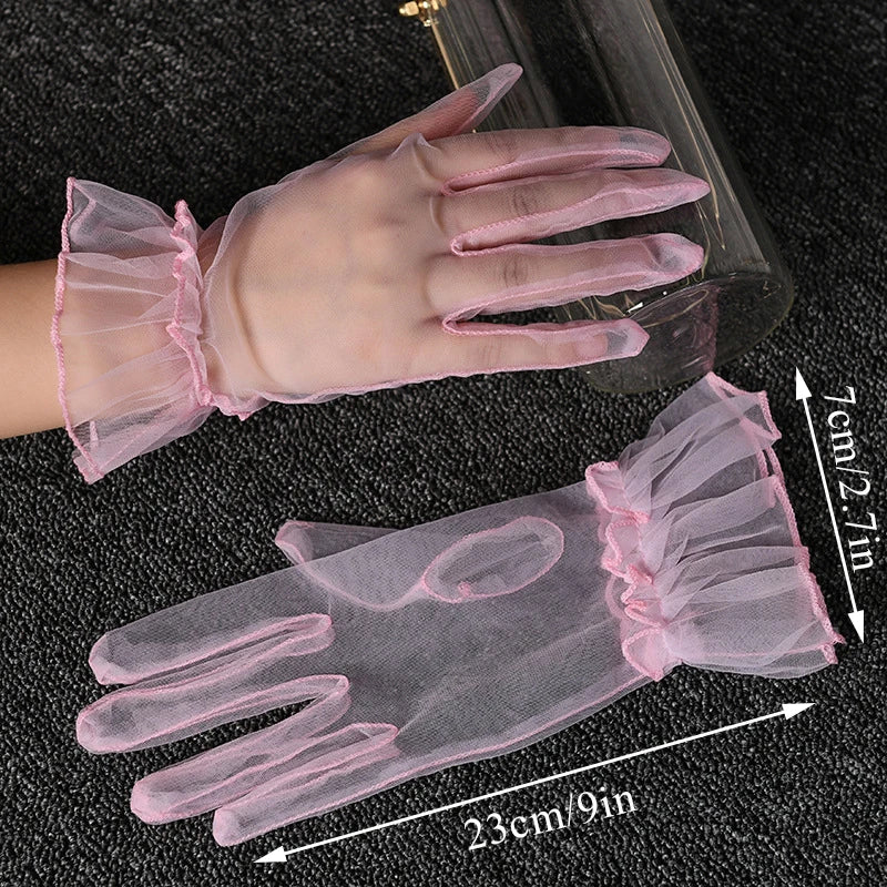 Women Short Tulle Gloves Summer Wedding White Black Elegant Gloves Stretchy Lace Full Finger Mittens Mesh Transparentes Gloves