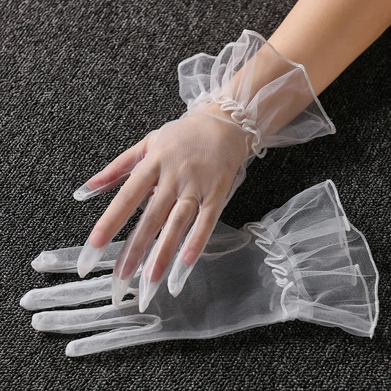 Women Short Tulle Gloves Summer Wedding White Black Elegant Gloves Stretchy Lace Full Finger Mittens Mesh Transparentes Gloves